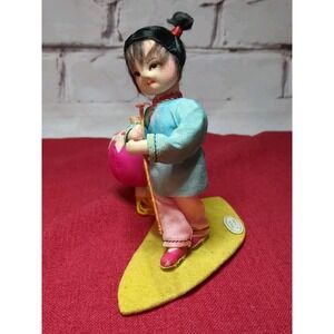 Vintage Peking Silk Doll Figure, Asian Girl Chinese Painted Face Lantern 5" Tall
